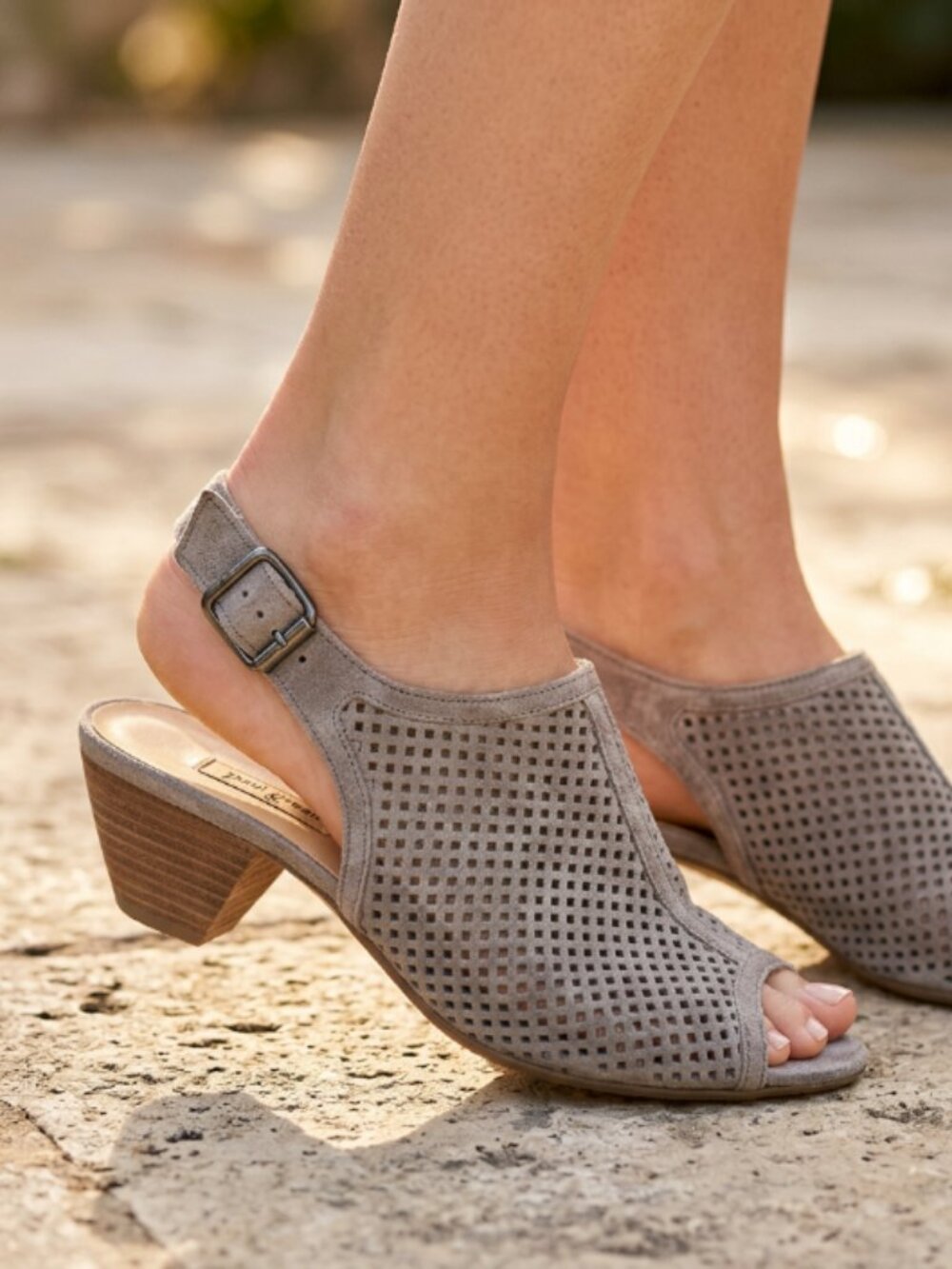Paul Green Lois taupe shimmer leather perforated slingback heels